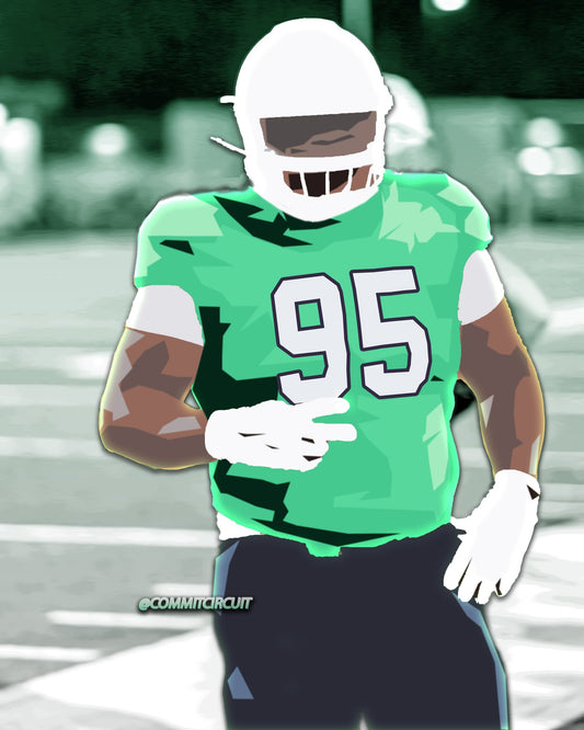 Cartoon-style illustration of a football player in action, set against a vibrant green background.