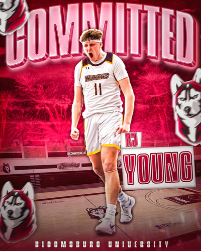 Red chrome basketball commitment edit with committed text and school mascot