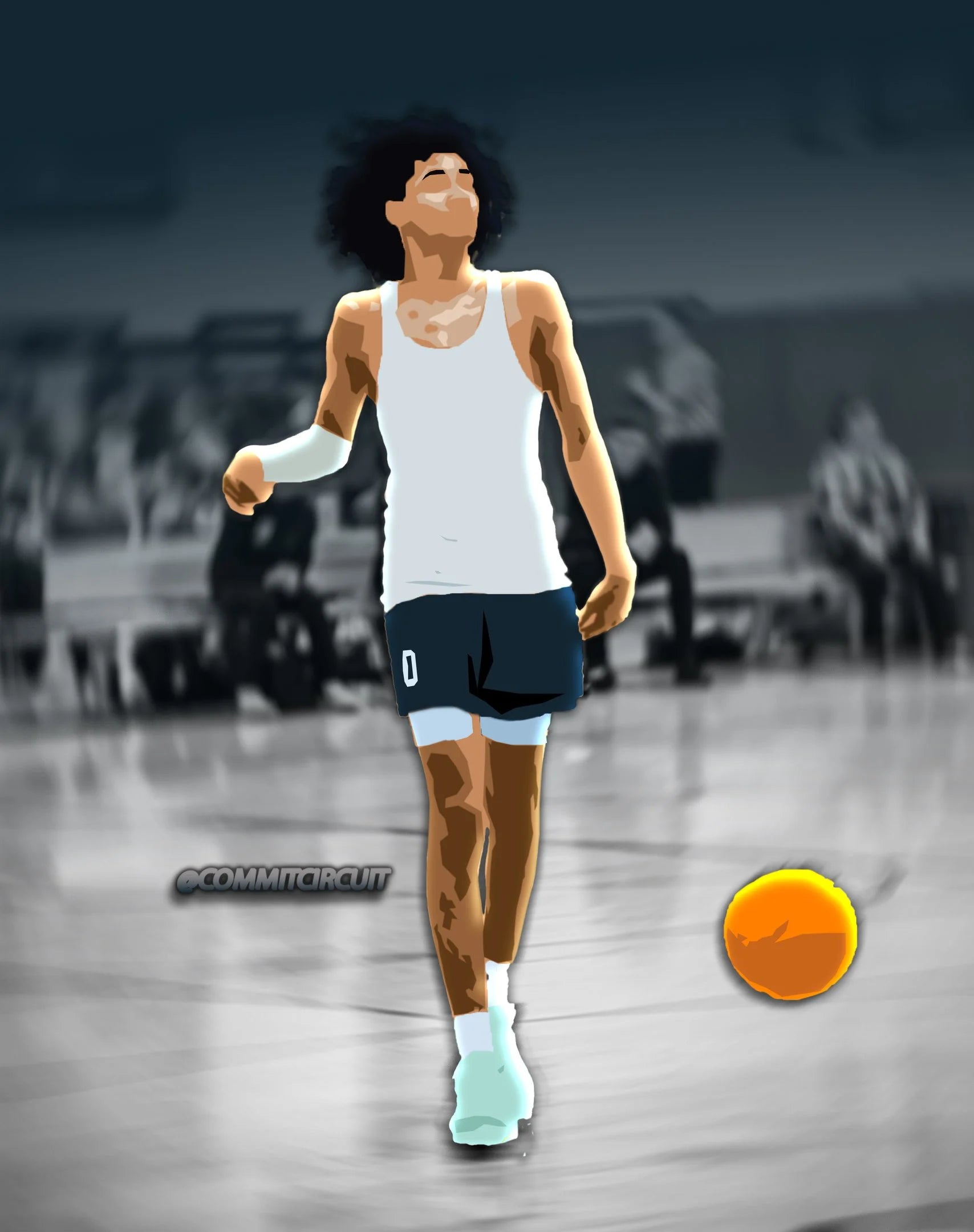 Anime-style illustration of a basketball player dribbling, set against a blue gradient background, capturing dynamic motion and energy.