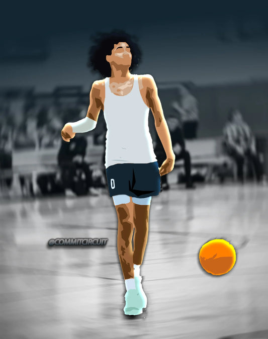 Anime-style illustration of a basketball player dribbling, set against a blue gradient background, capturing dynamic motion and energy.