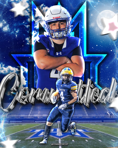 Blue star football commitment edit with silver script committed text