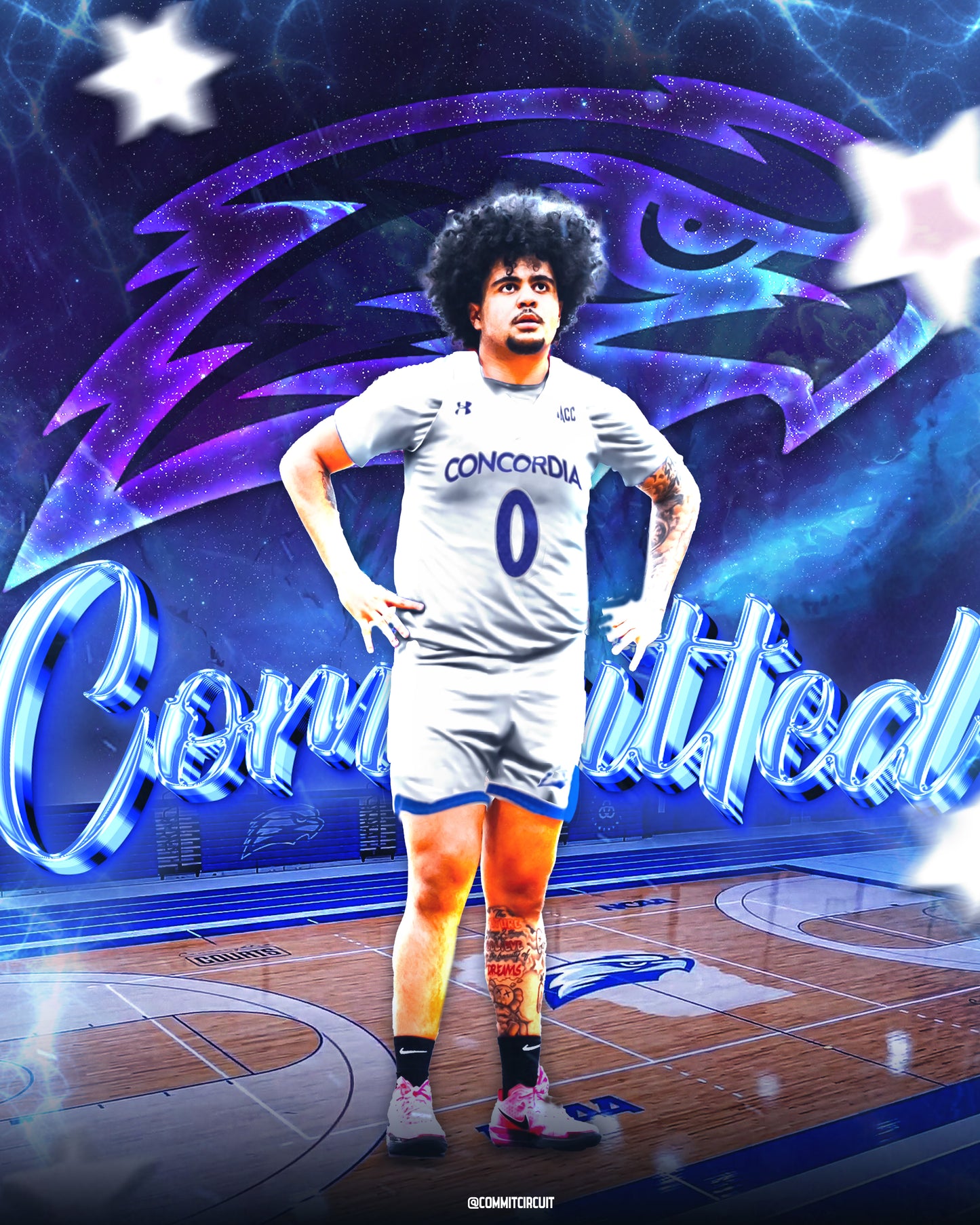 Basketball commitment edit with blue design and school logo