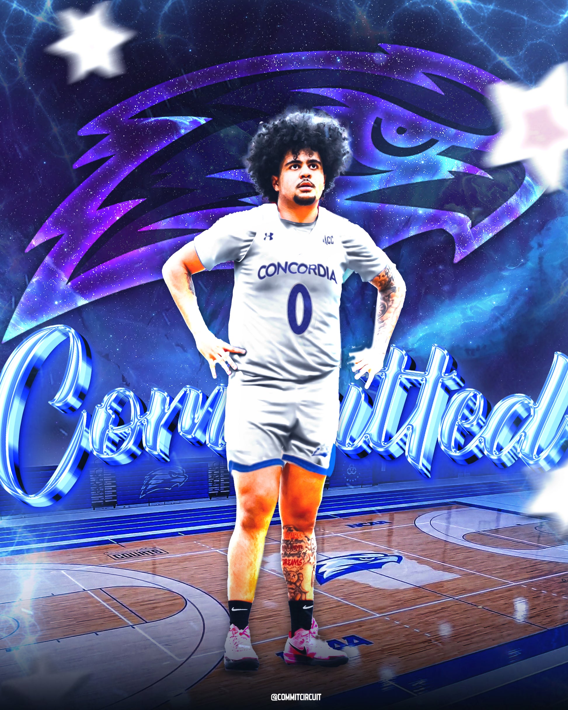 Basketball commitment edit with blue design and school logo