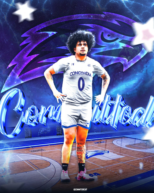 Basketball commitment edit with blue design and school logo
