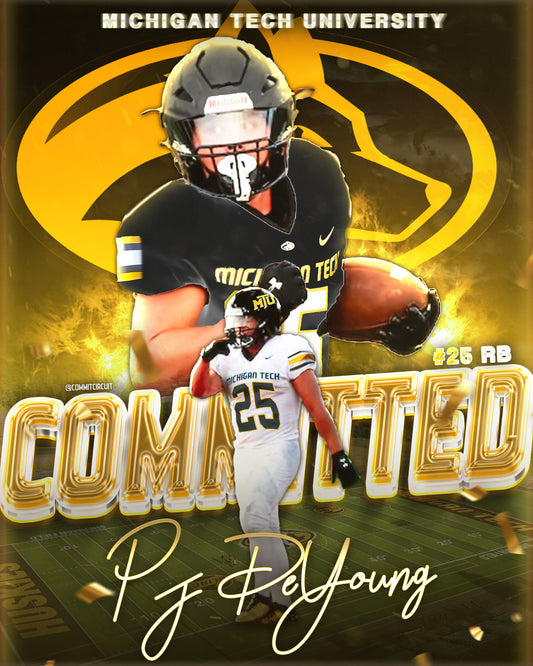 Custom commitment edit featuring a vibrant yellow background, an overlaid logo, 'COMMITTED' text across the image, and the athlete's signature at the bottom.