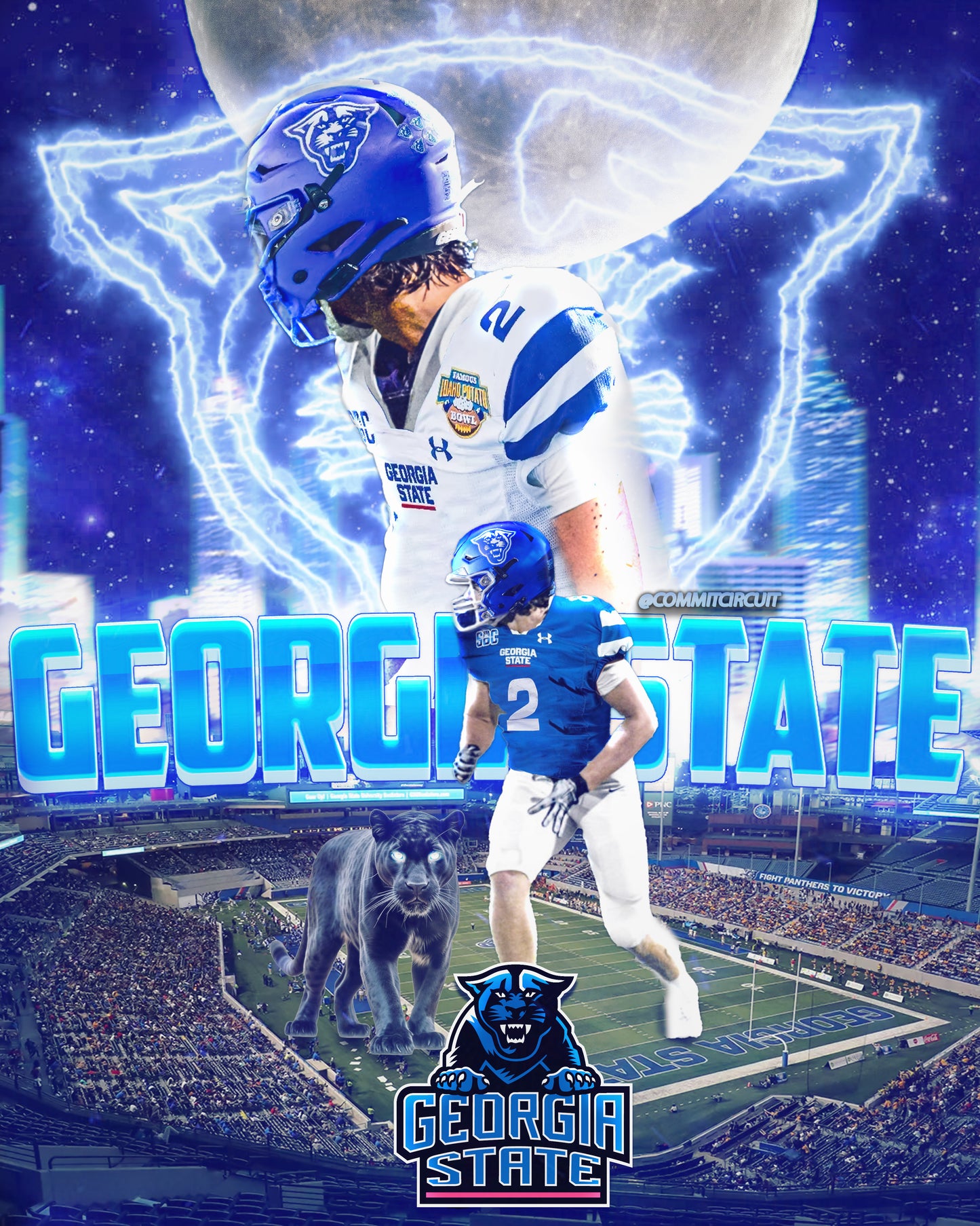 Football commitment edit featuring a panther amidst flying stars, set against a blue background, highlighting the athlete's name and commitment details.