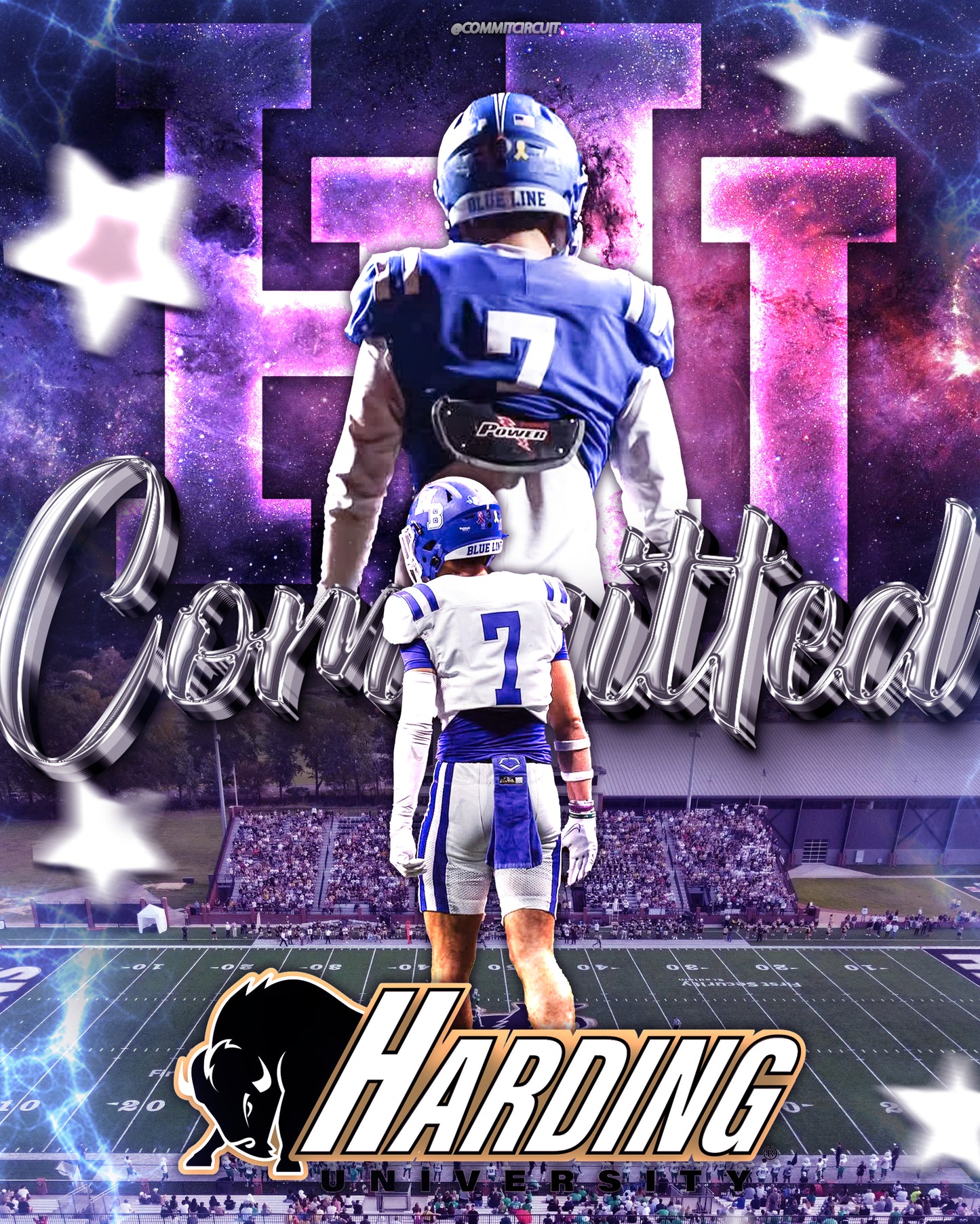 Football commitment edit displaying a dynamic design with a football player in the foreground and a secondary player silhouette in the background, set against a vibrant purple and blue gradient backdrop.