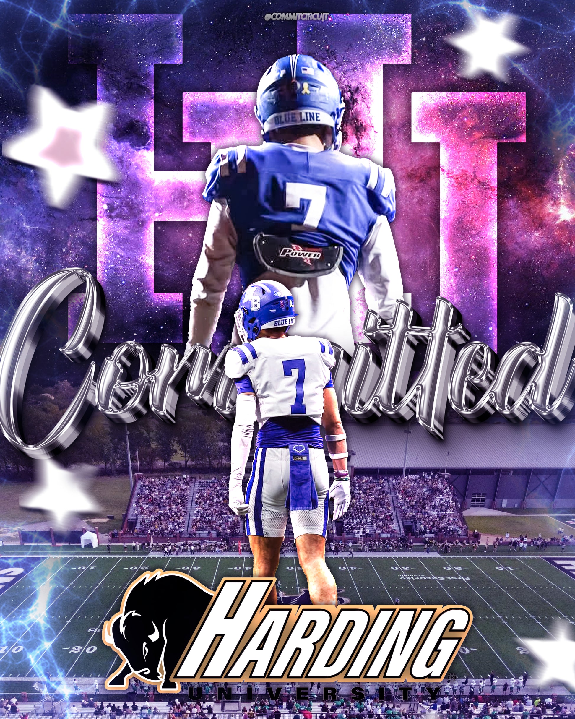 Football commitment edit displaying a dynamic design with a football player in the foreground and a secondary player silhouette in the background, set against a vibrant purple and blue gradient backdrop.