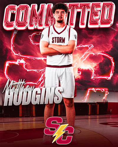 Red lightning basketball commitment edit with chrome committed text and school logo