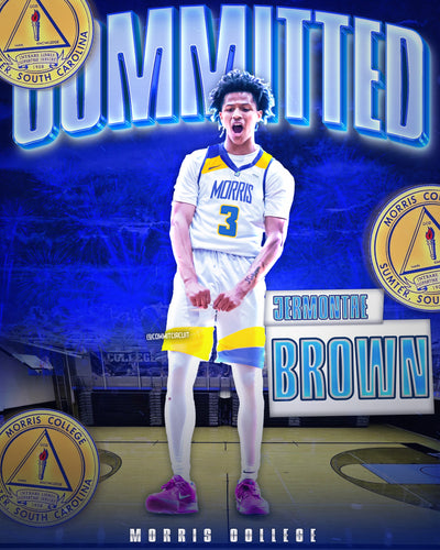 Blue chrome basketball commitment edit with committed text and college logos