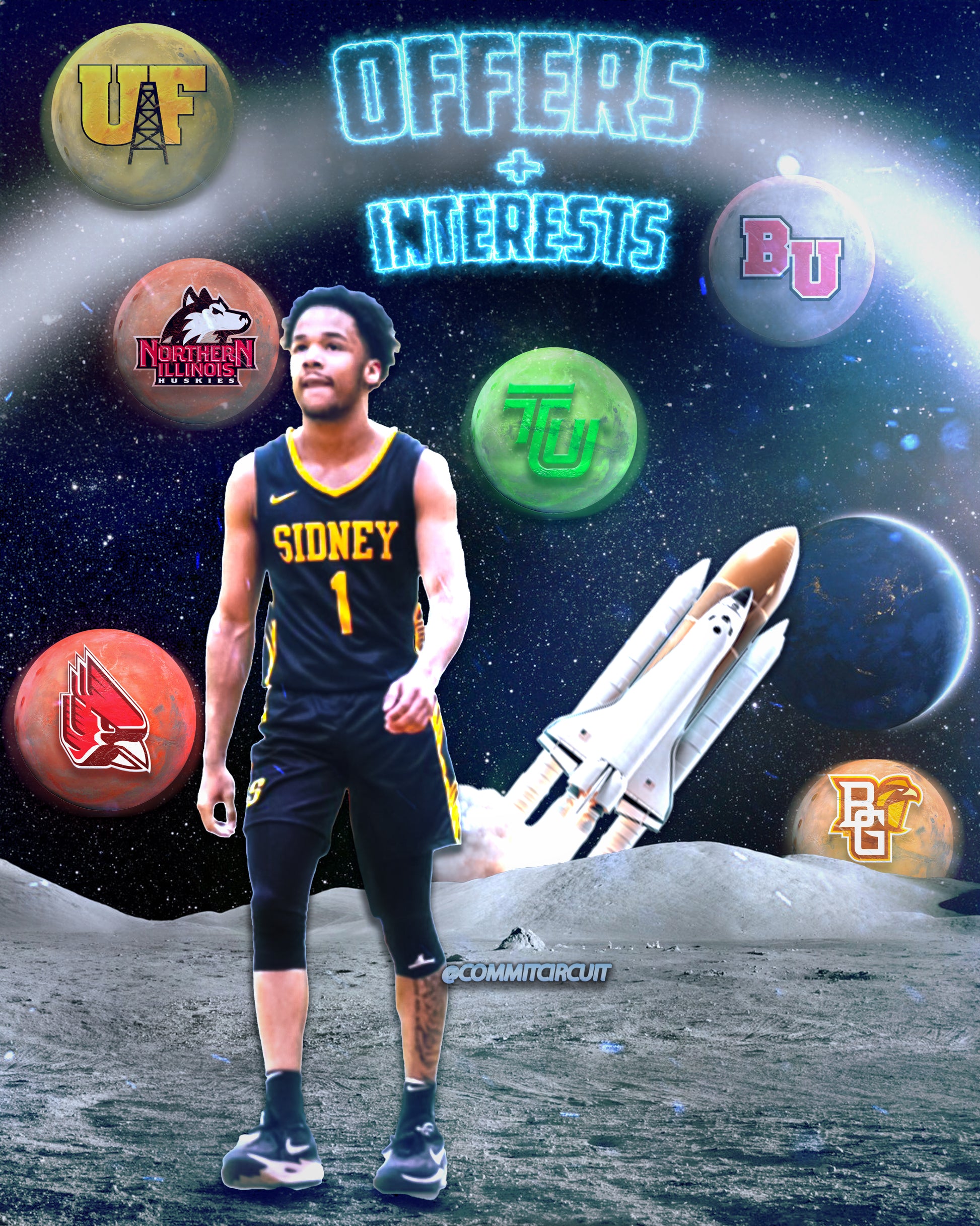 custom basketball graphic with player on the moon and his offers behinf him on planets