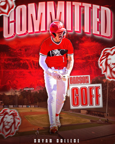 Red chrome baseball commitment edit with committed text and school logo