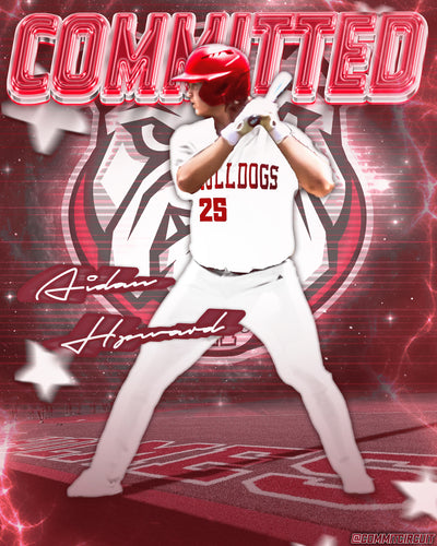 Red chrome baseball commitment edit with stars, signature and committed text