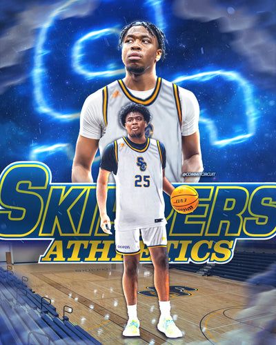 basketball commitment edit with blue design and school logo